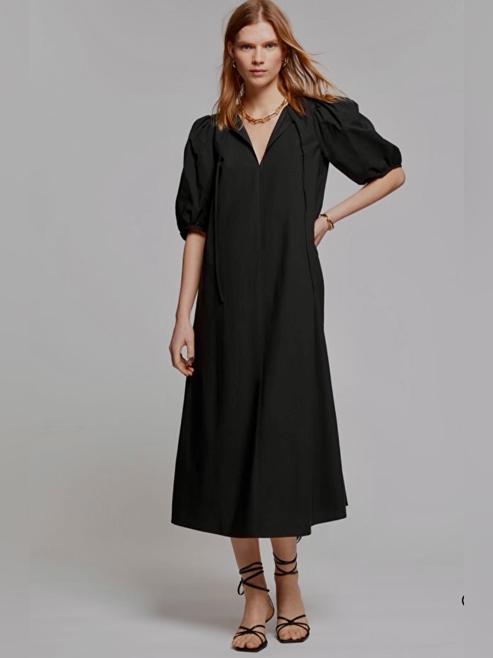 & Other Stories Black Midi Dress with Puff Sleeves
